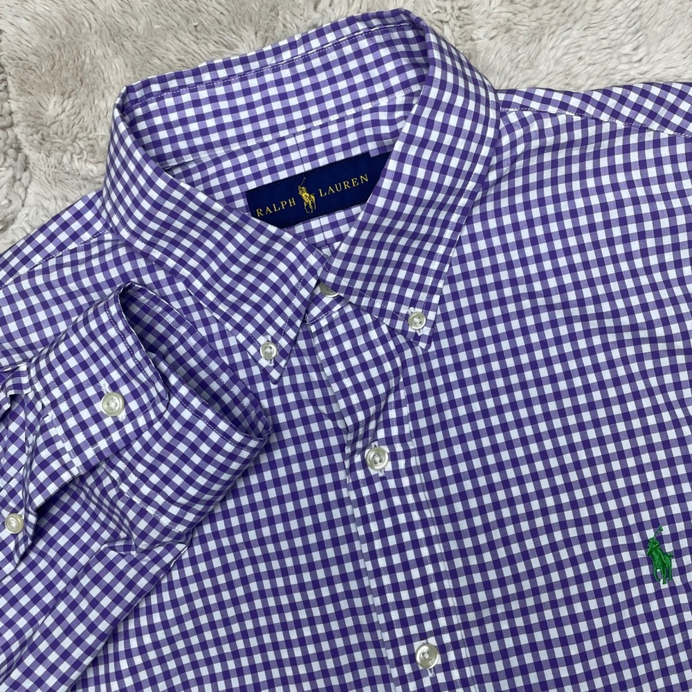 Ralph Lauren Mens XL Gingham Button Down Shirt PurpleWhite Long Sleeve Pony Logo
